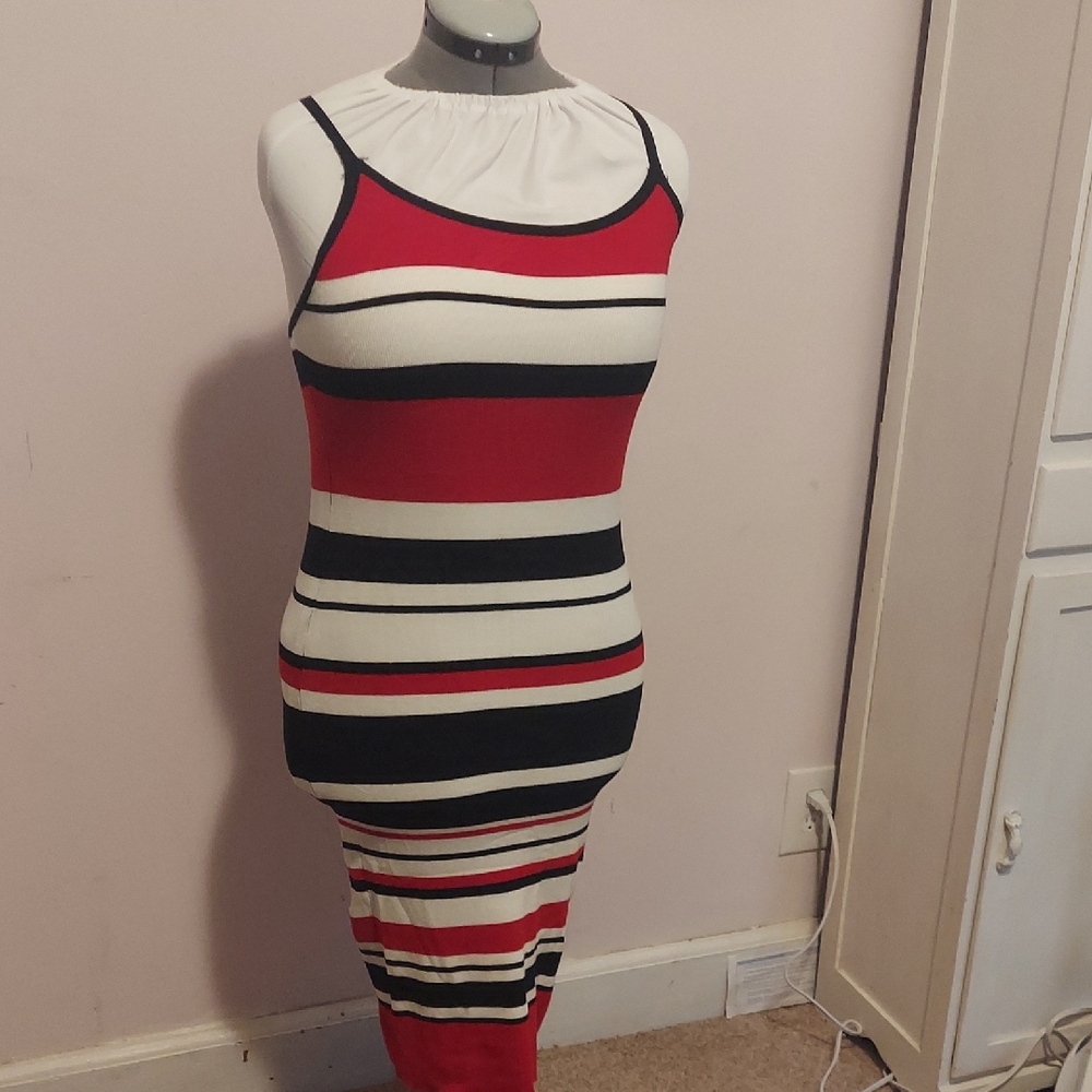 NYC Bold Striped Midi Dress in Red, Black, and White  Sweater Dress